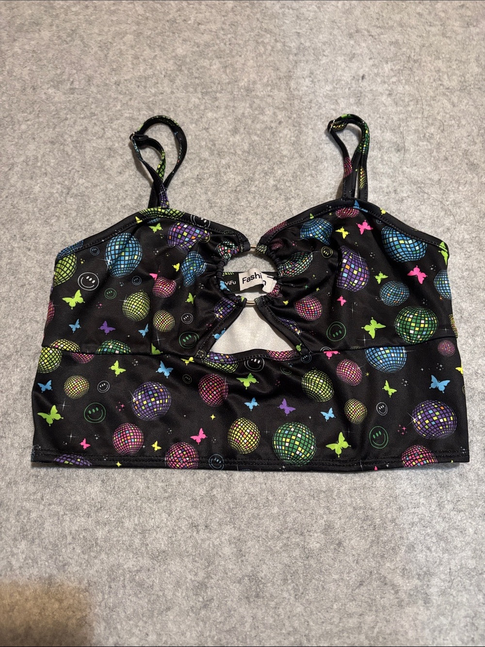 YiFu iHeartRaves Black Disco Ball Butterfly Smiley Face Rave Crop Top